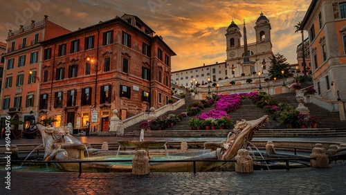 Tableau sur toile Beautiful view of the Spanish Steps in Rome at sunset, featuring the iconic foun