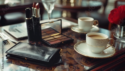 A black leather wallet with lipstick and makeup palette on top, set against the backdrop of an elegant cafe table adorned with coffee cups and delicate glassware. The scene exudes sophistication and l photo