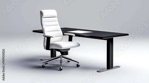 A modern office desk paired with a white leather chair creates a sleek, professional workspace.