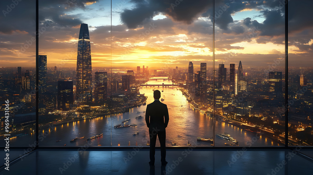 A silhouette of a man gazing at a city skyline during sunset. A silhouette of a man gazing at a city skyline during sunset.