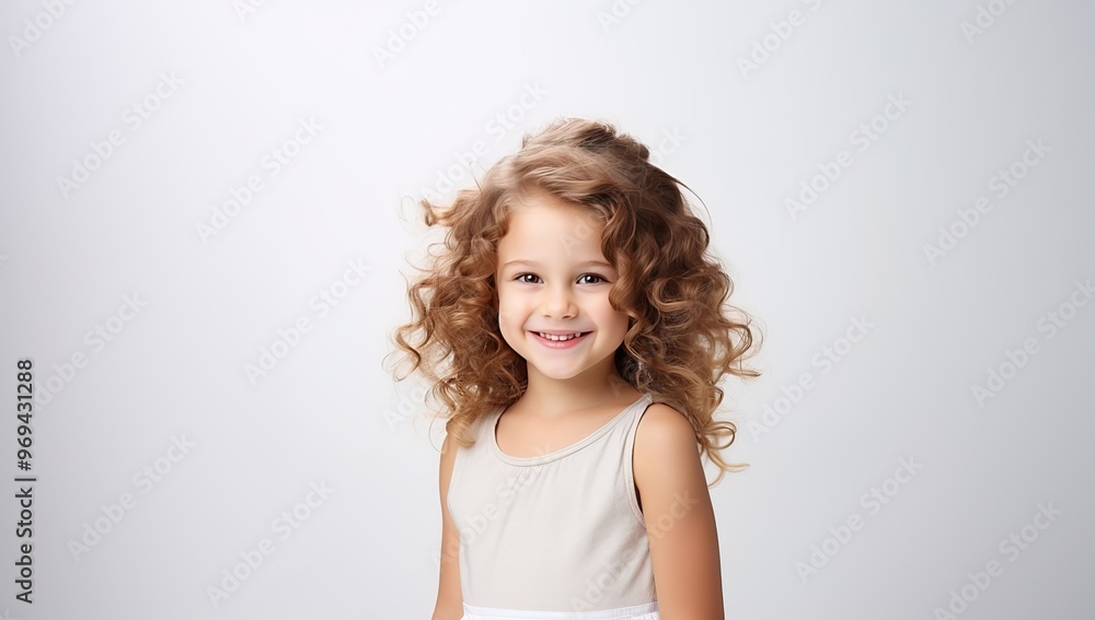 Cute smiling young girl with curly blonde hair wearing white dress, close up portrait against plain background.