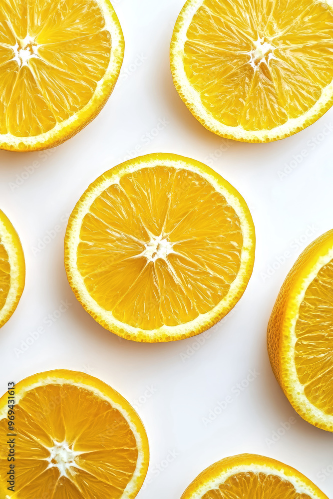 Fototapeta premium Colorful fresh organic orange slices on white background.