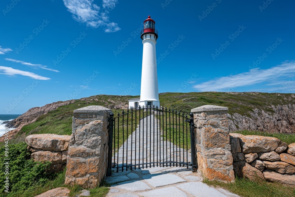 Obraz premium An iron gate leading to a lighthouse, standing tall at the edge of a cliff, with the sound of waves crashing below