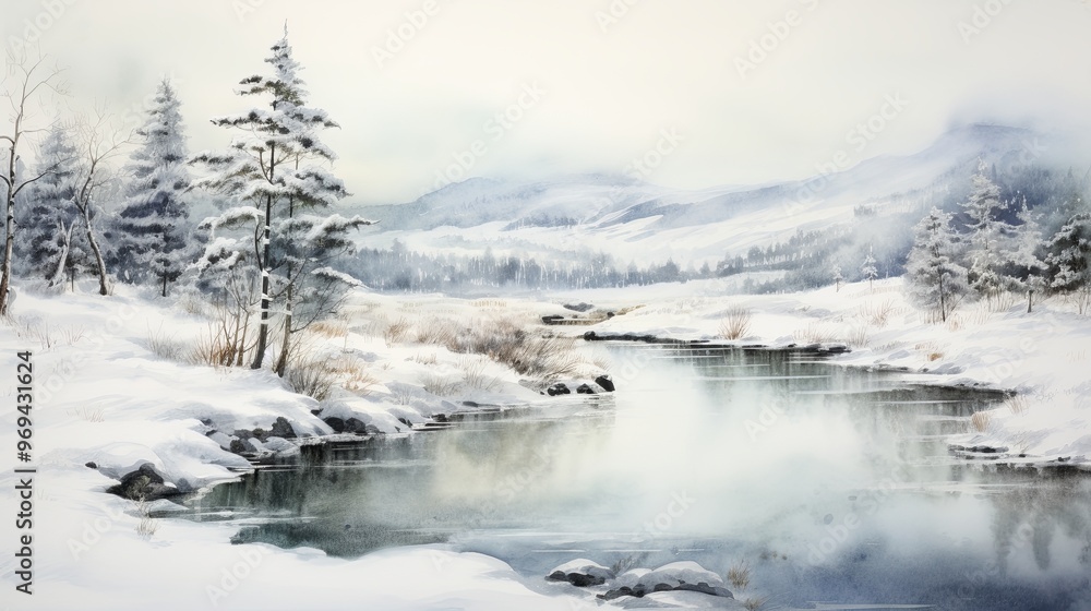 Obraz premium Watercolored artwork of a winter landscape Norway-style