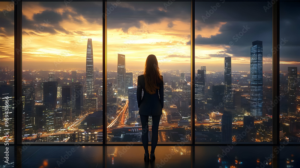 A silhouette of a person gazing at a city skyline during sunset through large windows. A silhouette of a person gazing at a city skyline during sunset through large windows.