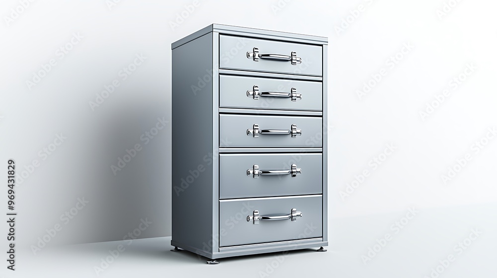 A modern silver chest of drawers with chrome handles exudes sleek luxury. A modern silver chest of drawers with chrome handles exudes sleek luxury.