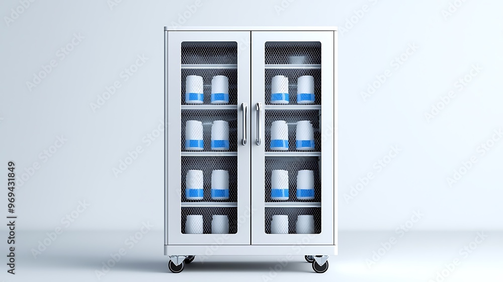 A white cabinet with blue and white cylinders on wheels offers contemporary flair with mobility. A white cabinet with blue and white cylinders on wheels offers contemporary flair with mobility.