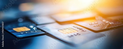 Close-up of several credit cards with soft lighting, symbolizing modern payment methods and financial transactions.