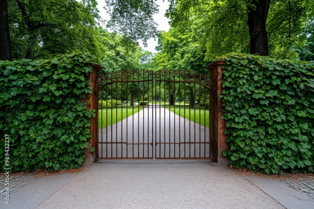 An ivy-covered iron gate leading into a park, its rusted bars blending with the surrounding greenery, making it easy to miss An ivy-covered iron gate leading into a park, its rusted bars blending with the surrounding greenery, making it easy to miss