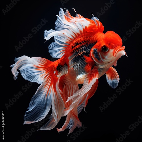 A vibrant goldfish with flowing fins swimming against a dark background. photo