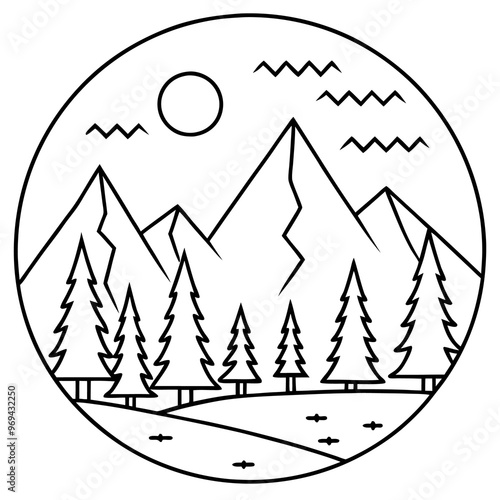 forest landscape outline coloring book page line art drawing