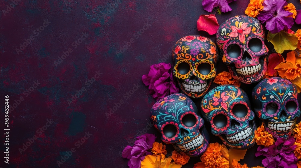 Day of the Dead sugar skull decorations with copy space, Dia de los Muertos celebration concept Day of the Dead sugar skull decorations with copy space, Dia de los Muertos celebration concept