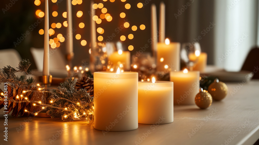 Warm candlelight and christmas decorations on a table. the image depicts a warm and inviting table setting with candles and christmas decorations. Warm candlelight and christmas decorations on a table. the image depicts a warm and inviting table setting with candles and christmas decorations.