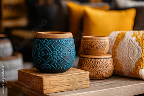 Bohemian aesthetic combining natural wood elements, handcrafted pottery, and rich fabrics, photographed in soft, diffused lighting photo