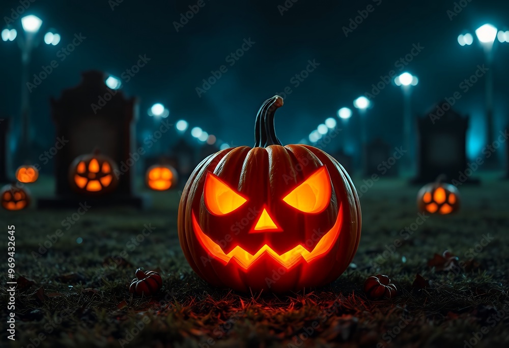 Jack-O-Lantern in a Graveyard at Night Jack-O-Lantern in a Graveyard at Night