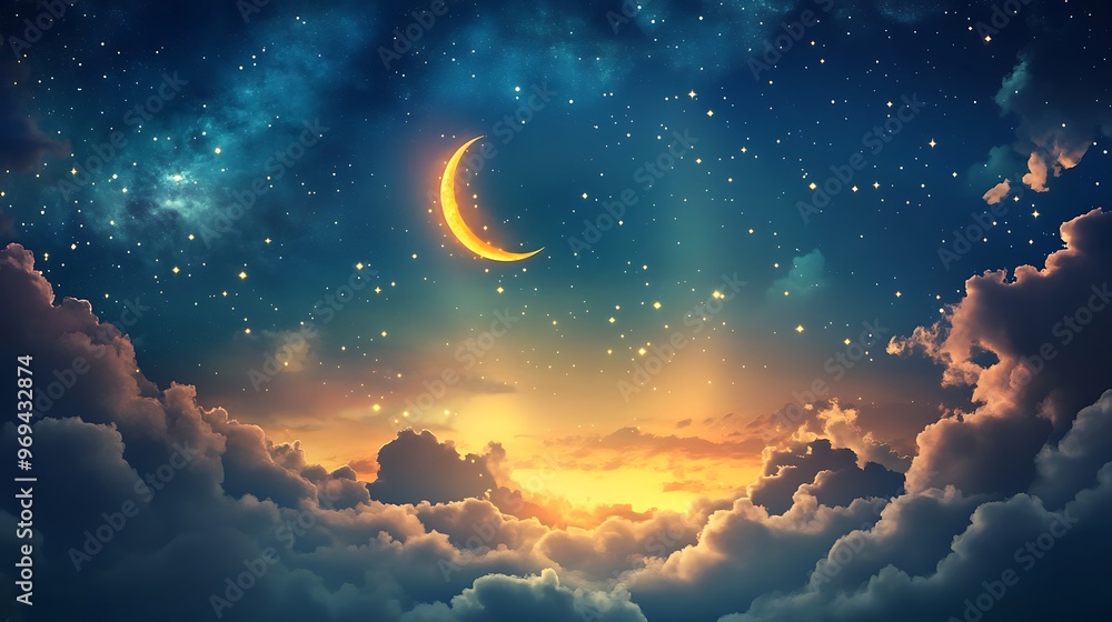 Fototapeta premium Starry Sky with Crescent Moon and Clouds