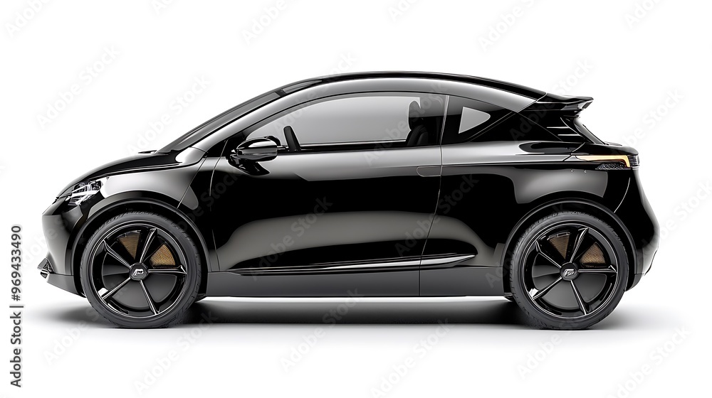 A black electric car exudes modern elegance in its streamlined side view. A black electric car exudes modern elegance in its streamlined side view.