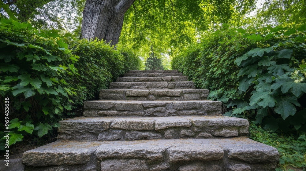 Looking up at well worn caved stone steps in public park leading upwards through big trees and bushes Looking up at well worn caved stone steps in public park leading upwards through big trees and bushes