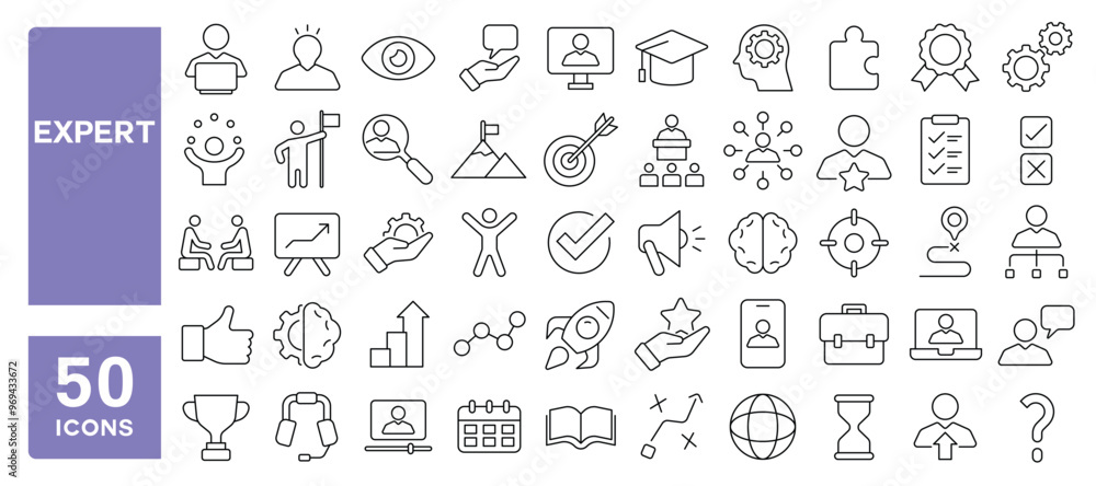 Set of 50 line icons related to expert, expertise, experience, knowledge, skill, specialist, competence, professional, manage, Editable stroke. Vector illustration Set of 50 line icons related to expert, expertise, experience, knowledge, skill, specialist, competence, professional, manage, Editable stroke. Vector illustration