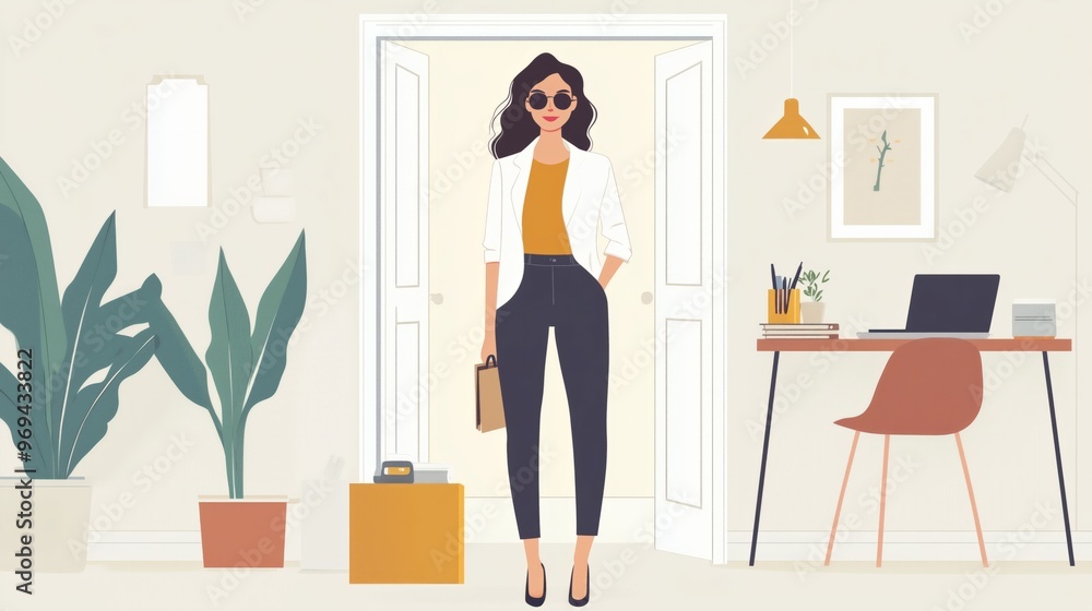 Concept choosing work remotely from home, office. Business woman in office and home clothes works both at home and in office. Self-employment, freelancing, maximum productivity work results. Concept choosing work remotely from home, office. Business woman in office and home clothes works both at home and in office. Self-employment, freelancing, maximum productivity work results.