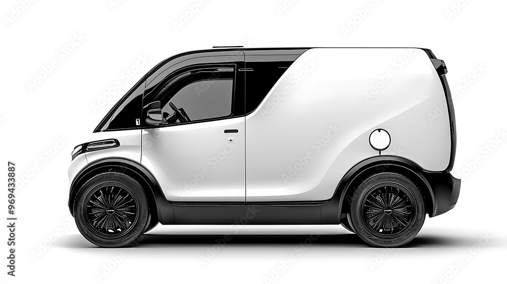 A white electric van with black wheels offers a sleek, eco-friendly profile.