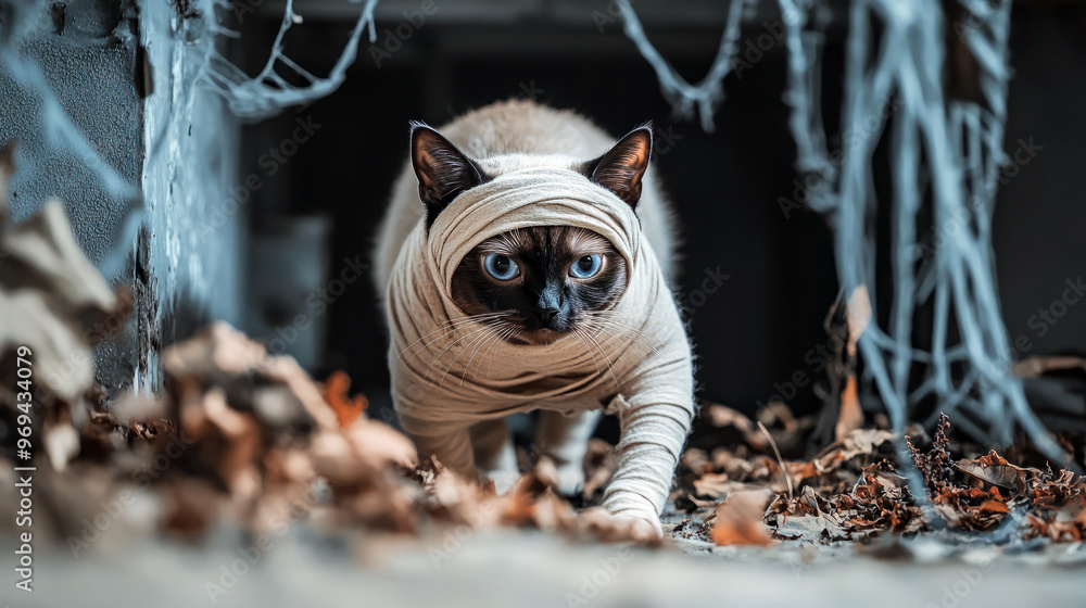 A Siamese Cat Dressed As A Mummy Crawls Through Fallen Leaves. Halloween Costume For Pets. Spooky And Funny. A Siamese Cat Dressed As A Mummy Crawls Through Fallen Leaves. Halloween Costume For Pets. Spooky And Funny.