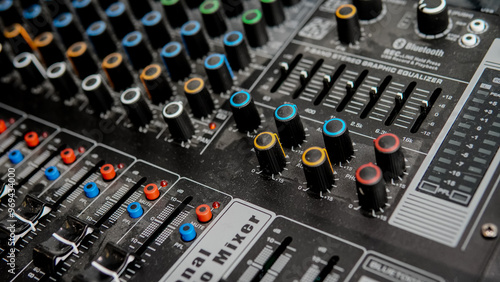 Jakarta, Indonesia 9th September 2024 ; music equipment in party venue. Music mixer with buttons and knobs