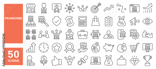 Set of 50 line icons related to franchise, shop, business, license, royalties, chain, expansion, model, branches, market, franchisor, Editable stroke. Vector illustration