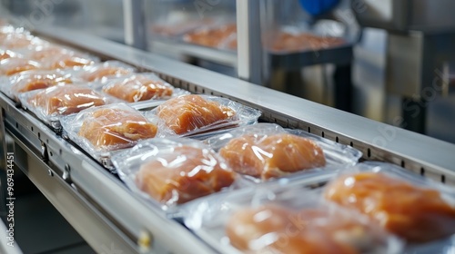 Conveyor Belt Food.Factory for the production of food from meat.Production line with packaging .Food products meat chicken in plastic packaging on the conveyor. photo