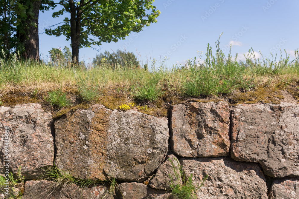 stone wall among grass, ruins of ancient fortifications stone wall among grass, ruins of ancient fortifications