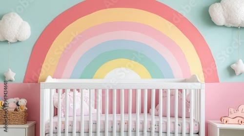 A pastel rainbow-themed nursery with a white crib, cloud-shaped lights, and soft rainbow decals, Photorealistic, Playful and serene