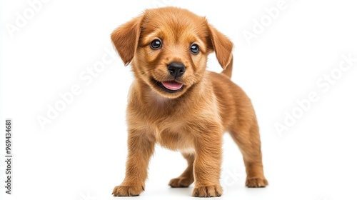 Funny head shot of cute red Cobberdog puppy standing facing front. Looking curious towards camera. Isolated on white background. Tongue out.