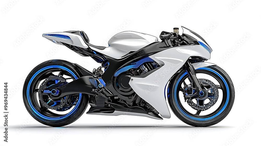 A futuristic white sport motorcycle with blue accents rides the edge of modern design. A futuristic white sport motorcycle with blue accents rides the edge of modern design.