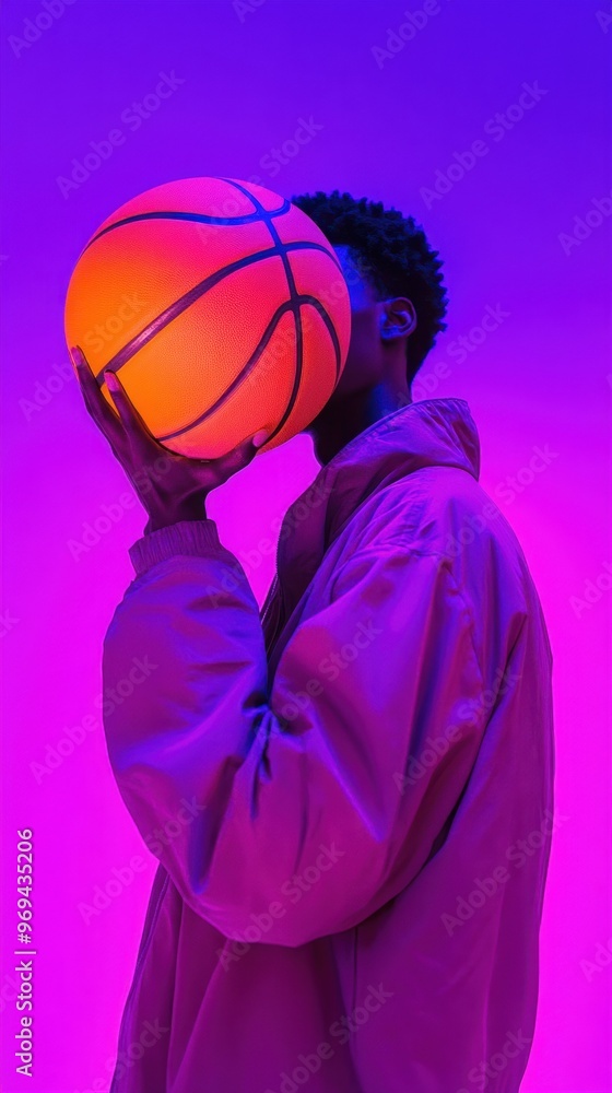 Person holding basketball covering face in purple light Person holding basketball covering face in purple light