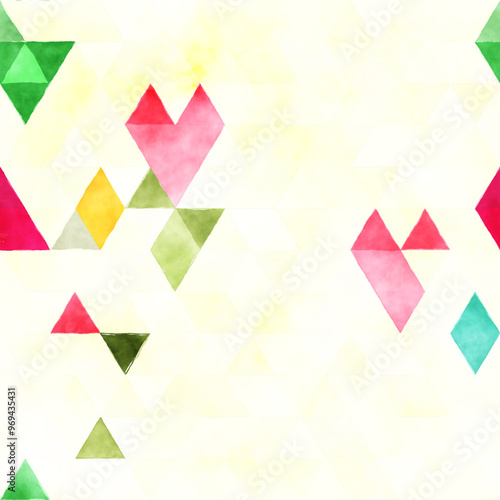 A colorful abstract pattern featuring various triangles in soft watercolor style.