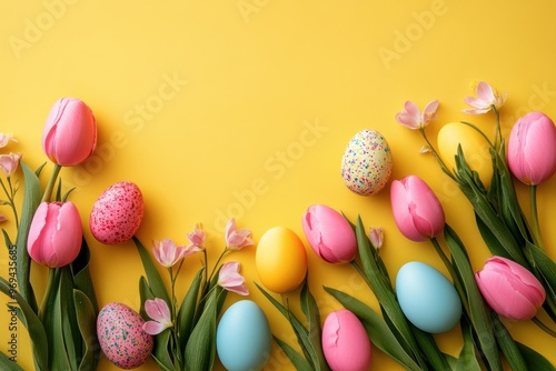 Stylish display featuring colorful easter eggs resting on yellow background accented by pink tulip flowers - top view, layout, mockup, design collection