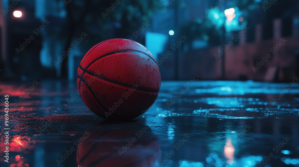 Basketball on rain-soaked court with city lights backdrop Basketball on rain-soaked court with city lights backdrop