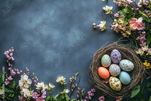 Cheerful easter concept showcasing colorful eggs nestled in a nest surrounded by vibrant spring blossoms. Easter setting provides room for text. Bird's-eye arrangement