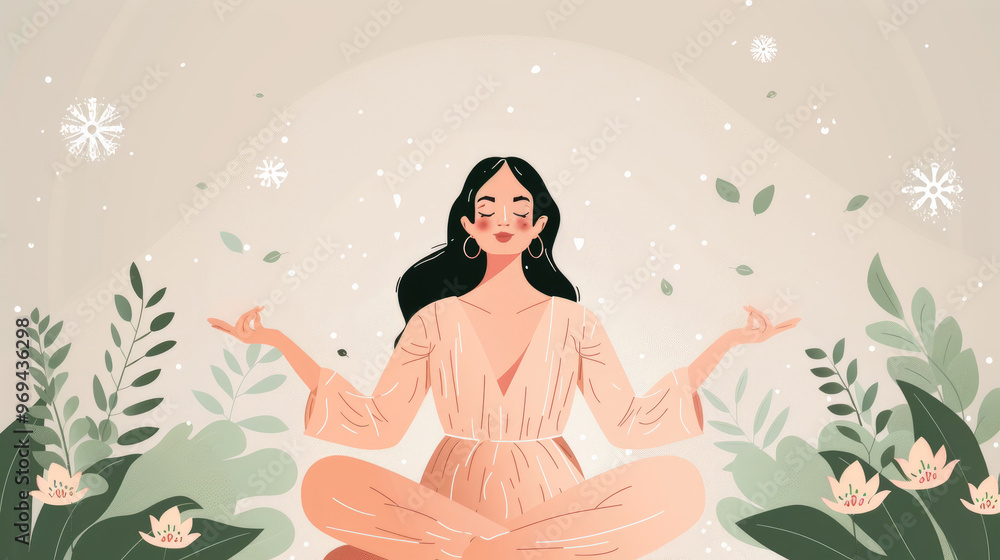 A woman sits cross-legged in meditation, surrounded by lush plants and flowers, embodying tranquility and mindfulness amid nature's beauty A woman sits cross-legged in meditation, surrounded by lush plants and flowers, embodying tranquility and mindfulness amid nature's beauty