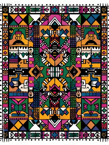 A colorful pixel art depiction of an African Ndebele pattern, featuring traditional geometric designs and motifs. The background is white with black borders that highlight the intricate patterns. This