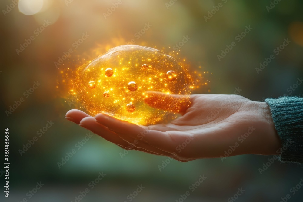 Hand holding hologram of atom with neutrons and protons orbiting in glowing energy trails. Hand holding hologram of atom with neutrons and protons orbiting in glowing energy trails.