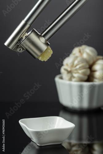 Garlic bulbs and garlic press.