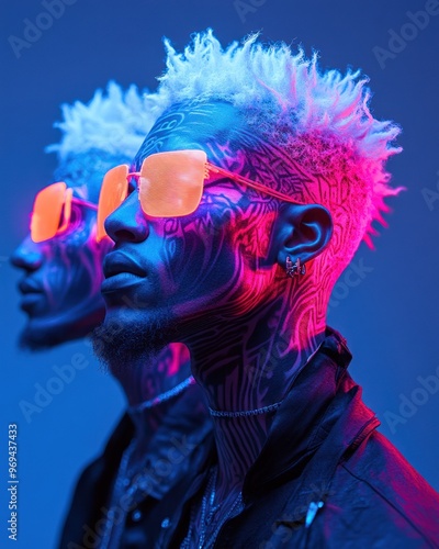 Side view of neon-lit twins with futuristic tattoos.