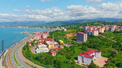 Aerial view a city with a river. photo