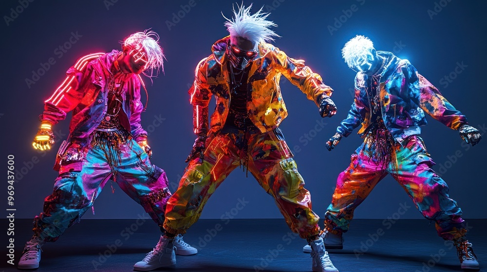 Three individuals wearing vibrant neon streetwear attire. Three individuals wearing vibrant neon streetwear attire.