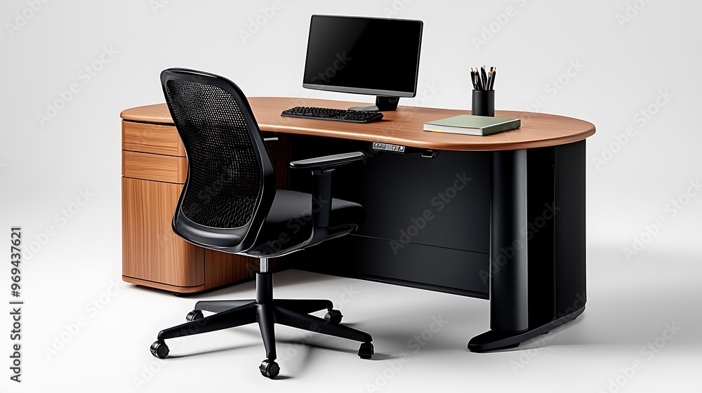 A modern office desk, equipped with a black computer chair and monitor, offers a sleek, functional workspace.