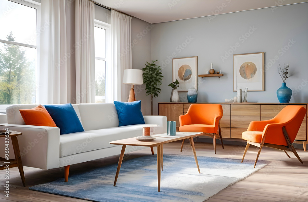 Fototapeta premium Orange armchairs, a white sofa with a wooden chest of drawers and white curtains on the window. Minimalistic interior design of a modern living room 