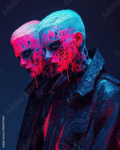 Paint-splattered faces with mohawks illuminated in UV. photo