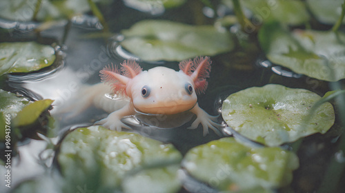 Close-up of an axolotl surrounded by green lily pads in tranquil water photo