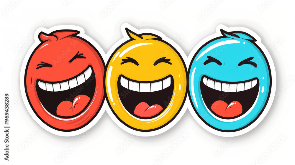 Three bright smiley faces featuring red, yellow, and blue colors express joy with wide smiles and playful tongue-out poses Three bright smiley faces featuring red, yellow, and blue colors express joy with wide smiles and playful tongue-out poses